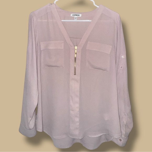 EXPRESS Blouse Chelsea Popover Pastel Dusty Rose Pink 1/4 Zip Tab Sleeves Size M - Picture 4 of 16